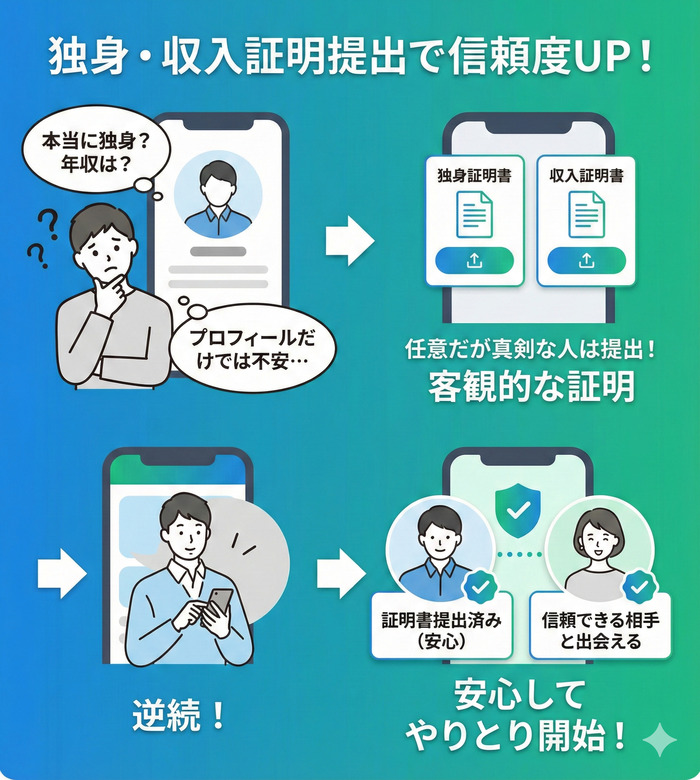 独身証明や収入証明などの提出機能があるか